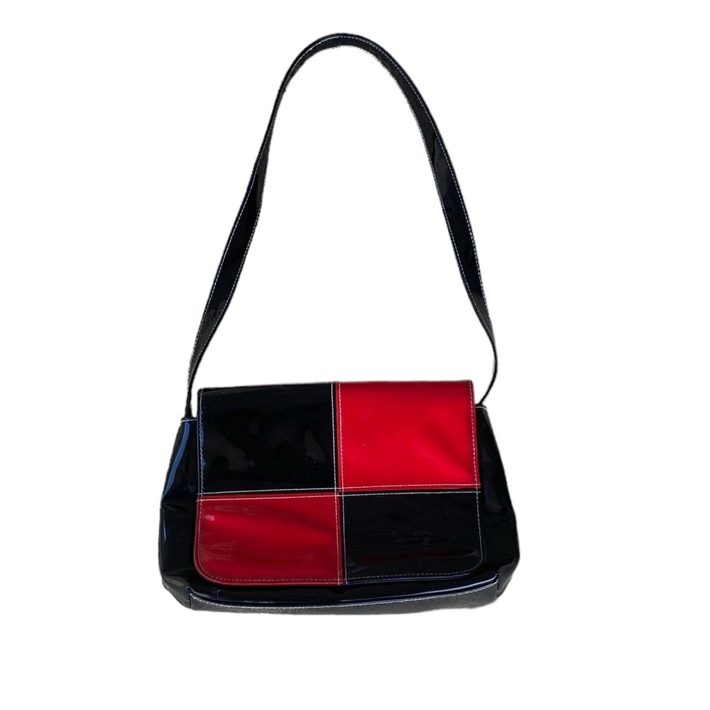 Vintage 90s red and black patent leather top handle bag  front flap snap closure